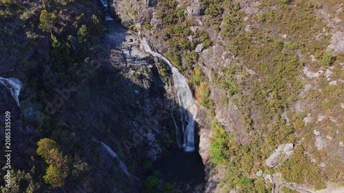 Cascading Waterfalls And Natural Pools On The Cerves River In Melón, Ourense, Spain. Aerial Drone Shot