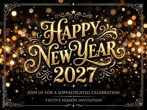 Sophisticated happy new year 2027 invitation card with golden text and elegant ornate border.