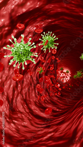 Virus Infection Spreading Through Human Blood Circulation Showing Pathogen Movement, Blood Cell Interaction, Immune Response, and Systemic Viral Disease Progression 3D Rendering