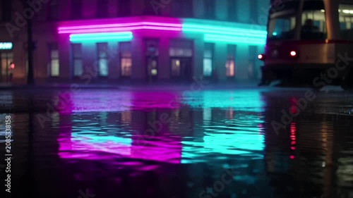 Streetcar reflections at night in urban rain