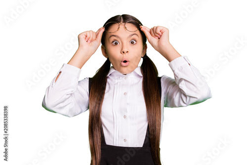 Quadro su tela Photo of cute charming little lady in front of blackboard take off eyewear amaze