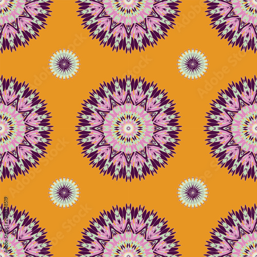 shows intricate purple and white mandalas over a bold mustard yellow background. Ideal for wrapping paper, striking upholstery, and stationery.