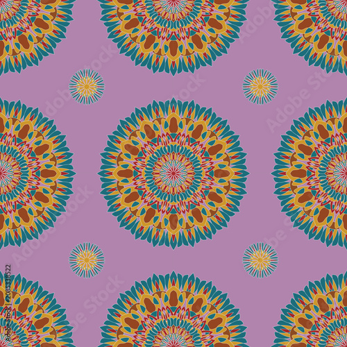 features vibrant orange and teal mandalas on a soft purple background. Best for bohemian apparel, chic home textiles, and wallpaper designs.