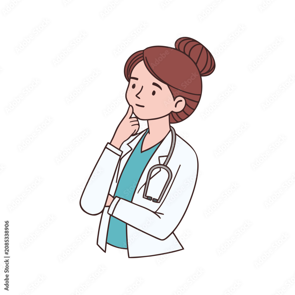 Fototapeta premium Female Doctor Thinking with Stethoscope.