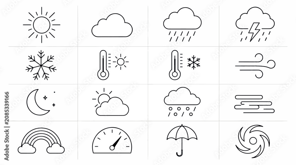 Naklejka premium Collection of simple line icons representing various weather conditions and phenomena.