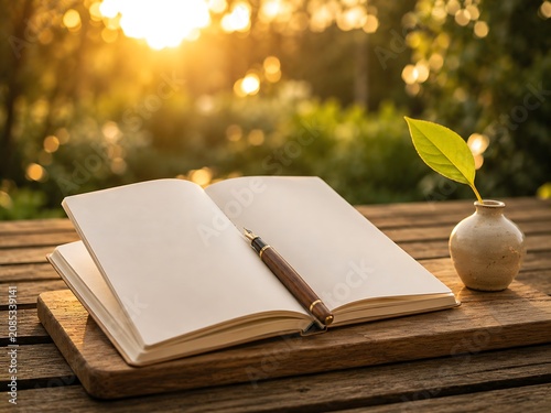 Open notebook with pen and small vase with leaf on wooden table at sunset
