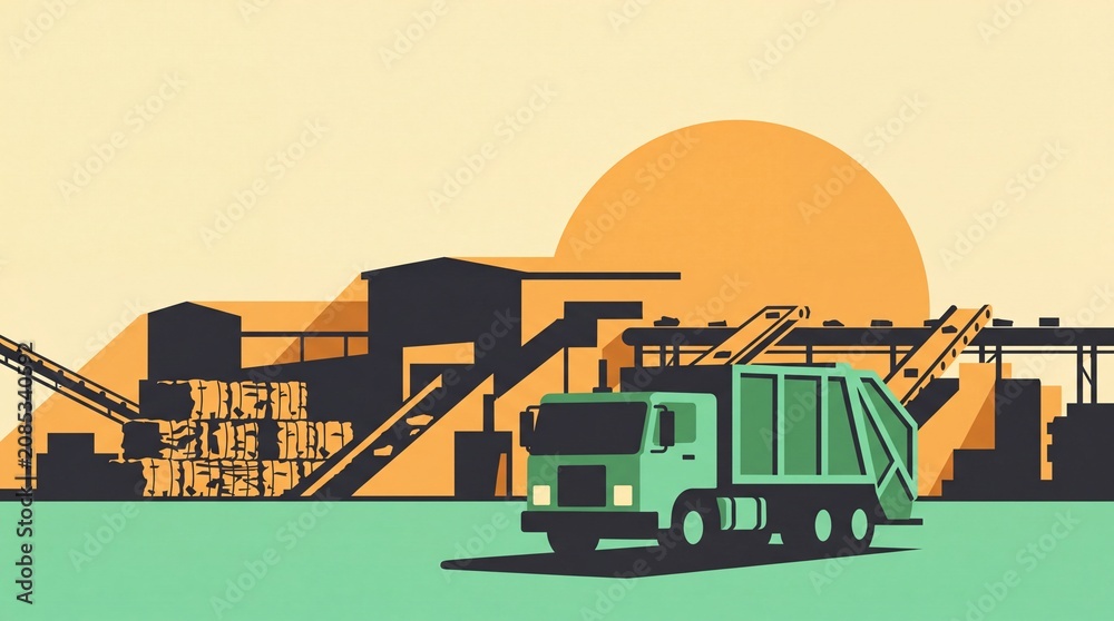 Obraz premium Green garbage recycling truck driving at waste management processing facility