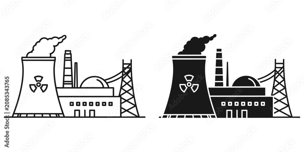 Fototapeta premium Nuclear power plant with cooling tower emitting steam against a white background representing energy production