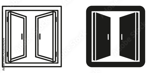 Fotografie Open double doors graphic with clean lines against a white background symbolizin