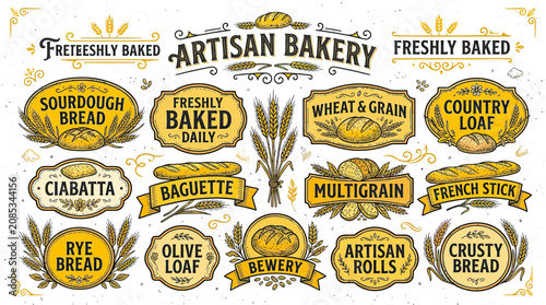 Bild auf Leinwand Artisan Bakery Food Labels: Freshly Baked Breads, Sourdough, Baguette, Ciabatta,