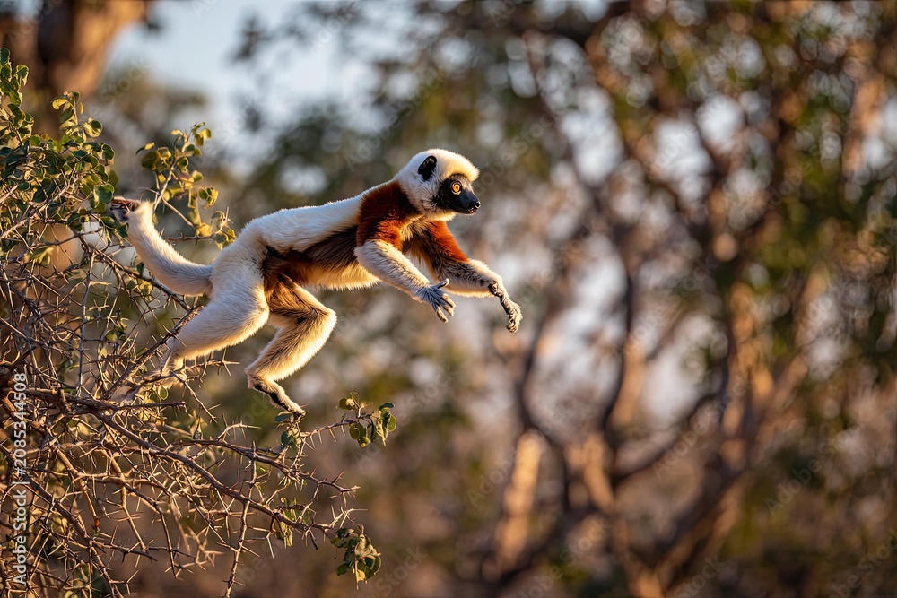 Fototapeta premium A Coquerel's Sifaka Lemur in Mid-Leap Through a Sunlit Forest Canopy