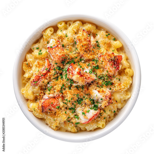 Lobster mac n cheese in a bowl, isolated on white background.