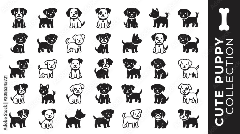 Fototapeta premium Set of diverse cute puppy silhouette icons featuring various breeds in minimalist black and white flat vector style for pet design projects
