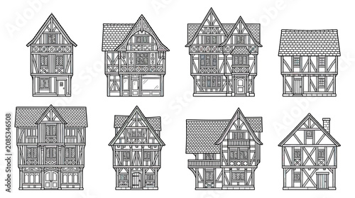 Tableau sur toile Collection of Medieval Timbered Houses - Architectural Illustrations