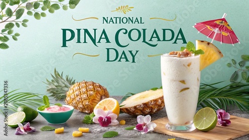 Piña Colada Day, Premium frozen pina colada garnished with pineapple, mint for National Pina Colada Day.
