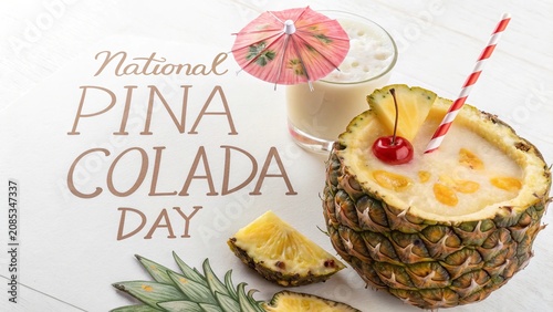 Piña Colada Day, Fresh pina colada served in hollowed pineapple for National Pina Colada Day.
