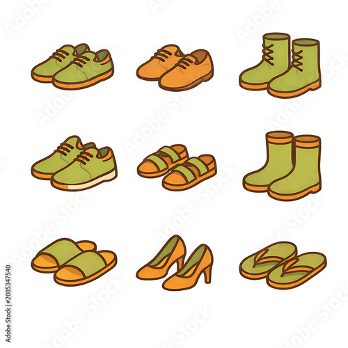 Collection of Various Footwear Icons Set including Sneakers Boots Sandals and High Heels Vector Illustration