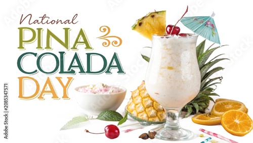Piña Colada Day, Premium pina colada garnished with cherries, pineapple for National Pina Colada Day.
