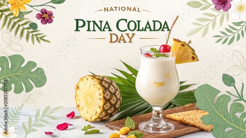 Piña Colada Day, Elegant pina colada garnished with pineapple, cherry for National Pina Colada Day.
