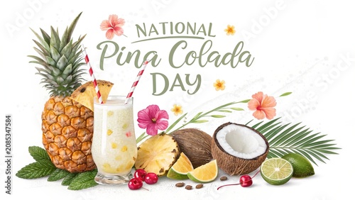 Piña Colada Day, Refreshing island drink styled with fresh fruit celebrating National Pina Colada Day.
