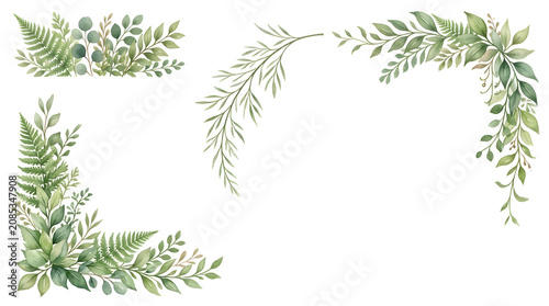 Watercolor green leaves border frame isolated on white background