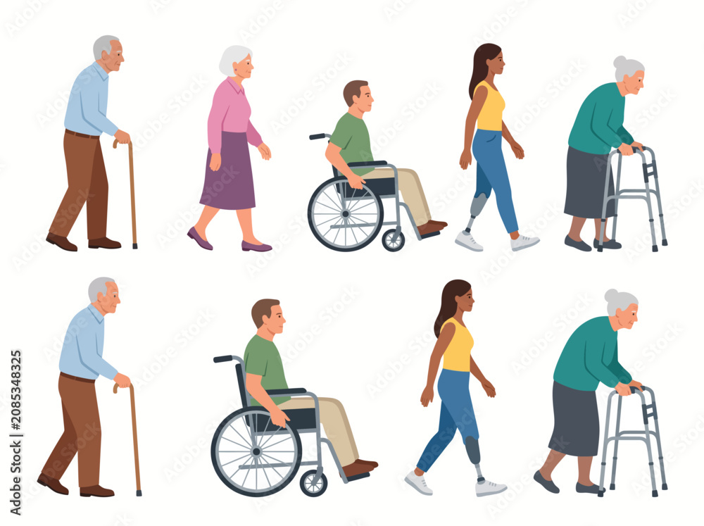 Fototapeta premium CAD Vector Illustration Set of Diverse People with Mobility Aids Including Wheelchairs Walkers and Prosthetics for Accessibility