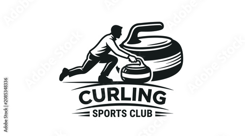 Bild auf Leinwand Curling Sports Club Emblem - Athlete Pushing Stone on Ice