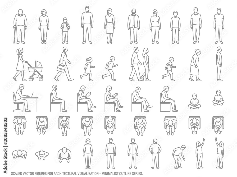 Fototapeta premium Minimalist CAD Vector People Outline Figures for Architectural Visualization