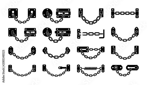 Security Door Chain Locks, Metal Hardware Fasteners, Safety Latches, Protection Devices, Vector Icons Set