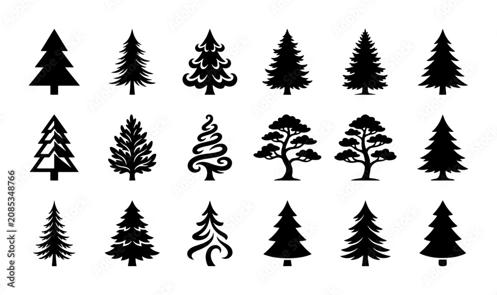 Obraz premium Diverse Christmas Tree Silhouettes, Festive Evergreen Icons, Winter Holiday Vector Collection, Seasonal Decoration Elements