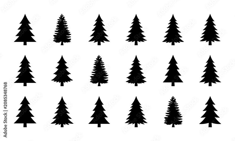Obraz premium Set of 15 Black Silhouette Christmas Trees, Evergreen Pine Forest Icons, Winter Holiday Vector Graphics for Design
