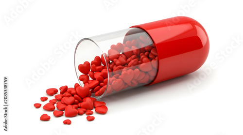 Red hearts spilling out of a clear red capsule on white