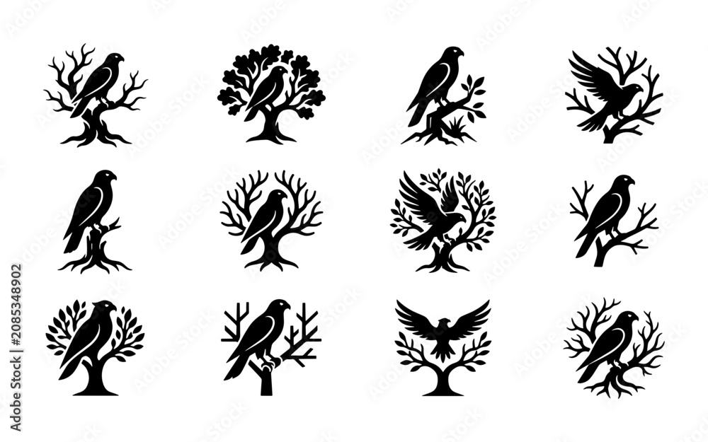 Obraz premium Elegant Bird and Tree Silhouettes, Vector Icons for Heraldry and Nature Branding, Set of 12 Black Graphics