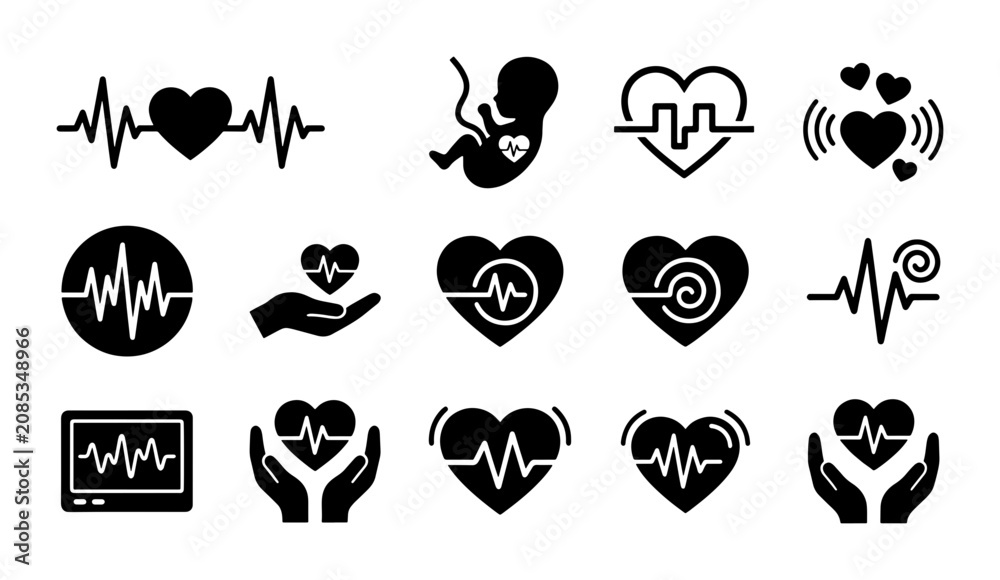 Fototapeta premium Cardiology Icons Set: Heartbeat, EKG, Fetus, and Care Symbols, Vector Graphics for Medical and Health Concepts