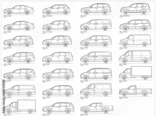 Cuadro en lienzo Set of side view vehicle CAD technical drawings showcasing various automobile bo