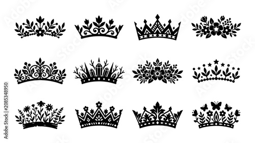 Fotografie Elegant Black Vector Crowns Collection, Royal Tiaras and Ornate Headpieces, Deco