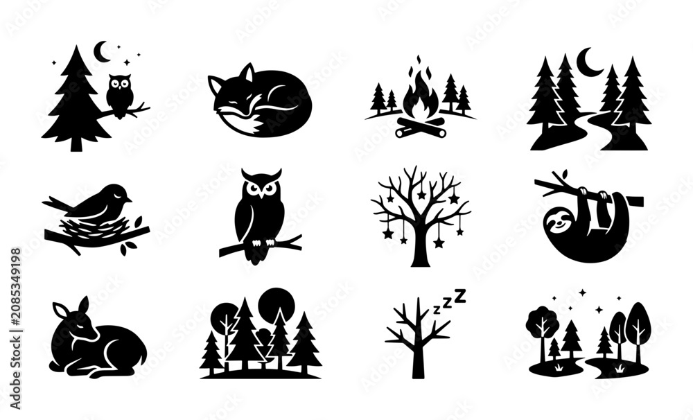 Fototapeta premium Woodland Creatures and Forest Scenes Vector Icons, Nature Elements Set, Wildlife Silhouettes for Outdoor Themes, Black and White Graphics