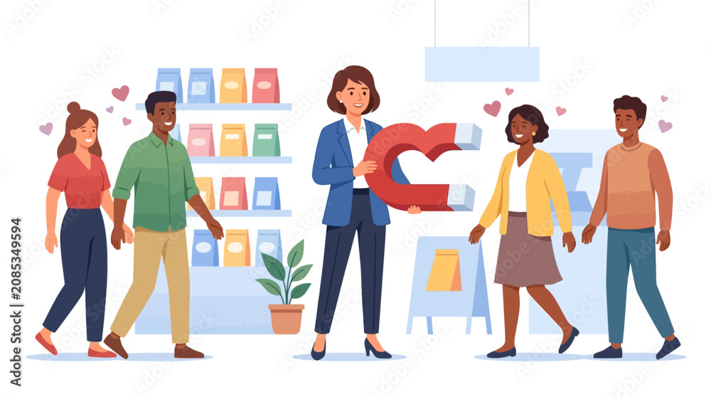 Fototapeta premium Business woman holding large heart magnet to attract loyal customers in retail store flat vector illustration.