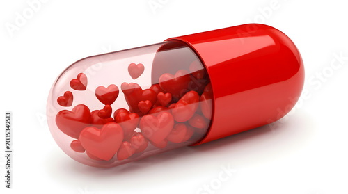 Red capsule with hearts inside on white