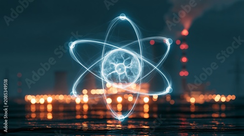 Conceptual illustration of a glowing atom above a nuclear power station, representing nuclear energy, scientific research and advanced technology