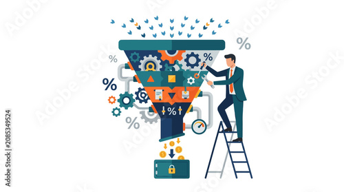 Business Professional Optimizing Sales Conversion Funnel with Gears and Tools Flat Design Vector Illustration