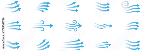 Abstract Blue Wind Flow Arrow Icons Set for Air Direction, Wind Movement and Airflow Vector Collection