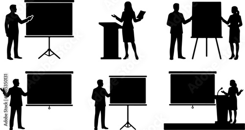 Set of business presentation silhouettes with people and projection screens vector illustration