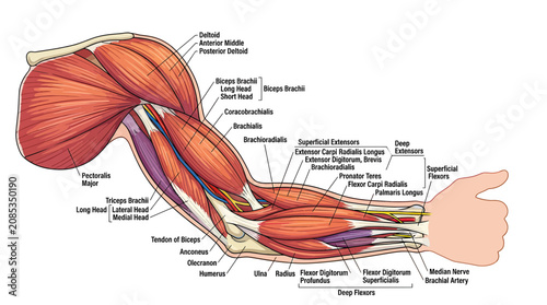 Tableau sur toile Anatomy of the Human Arm Muscles and Tendons - Detailed Illustration