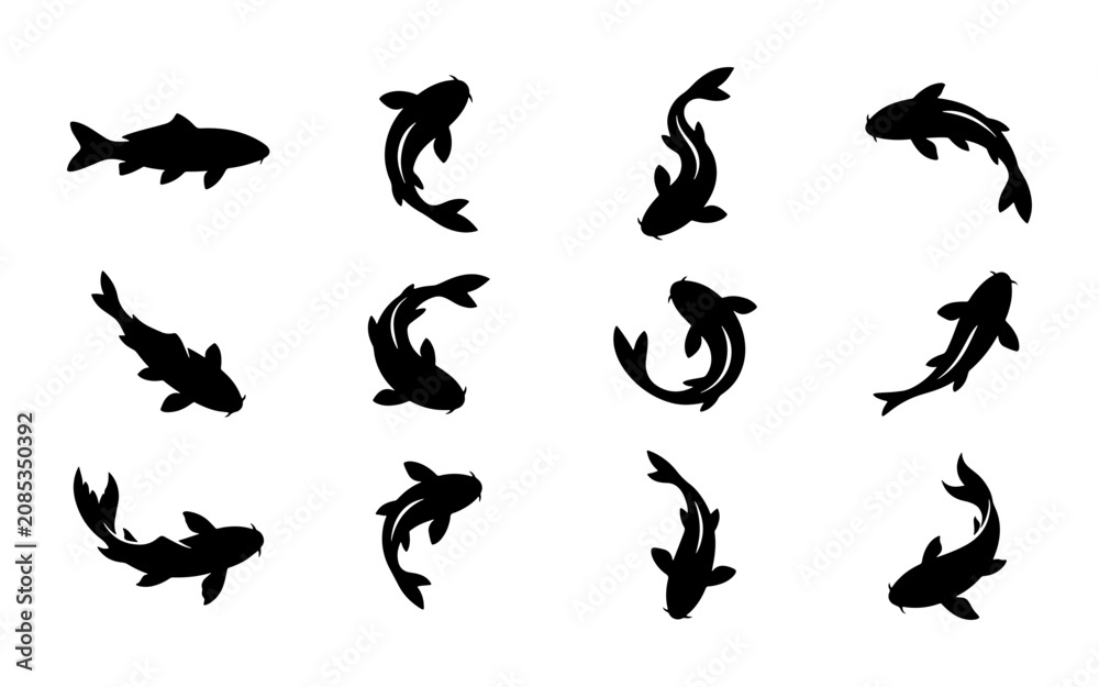 Fototapeta premium Elegant Koi Fish Silhouettes, Vector Set of 12 Aquatic Animal Icons, Japanese Carp Graphics for Pond and Water Designs