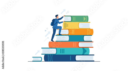 Ambitious businessman climbing stack of books for career growth and personal development flat vector illustration