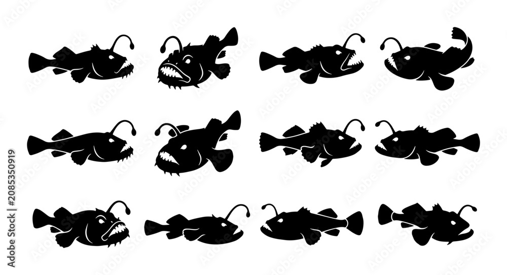 Fototapeta premium Anglerfish Silhouette Collection, Deep Sea Creature Icons, Marine Wildlife Vector Set, Black and White Aquatic Animal Graphics