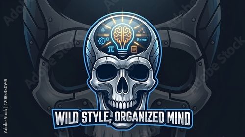 Cyberpunk Robot Skull Illustration with Light-Up Brain and Physics Math Science Formulas