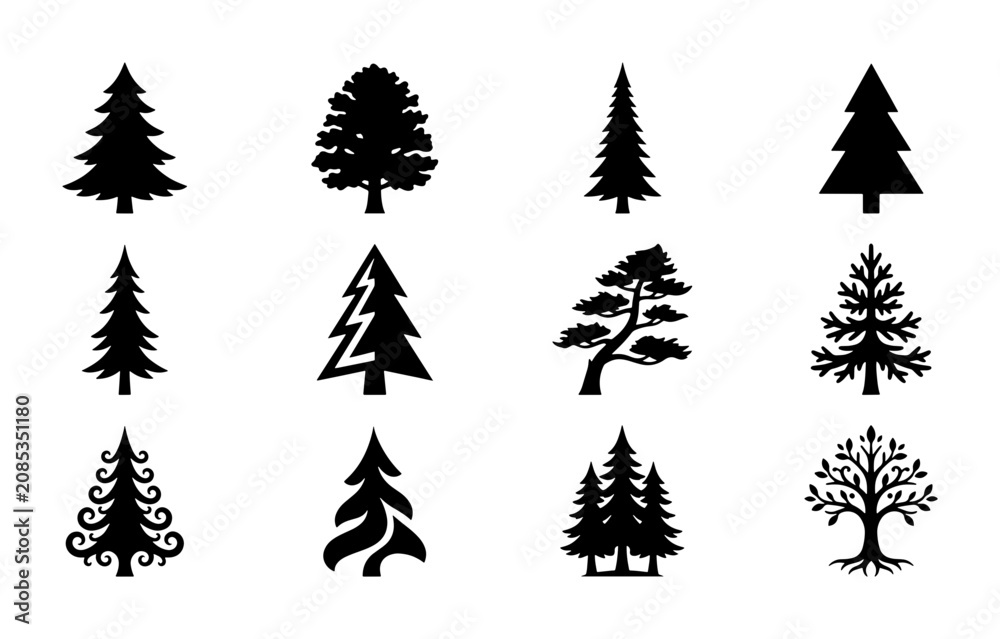 Obraz premium Diverse Evergreen Tree Silhouettes, Conifer and Deciduous Vector Icons, Nature Elements for Design