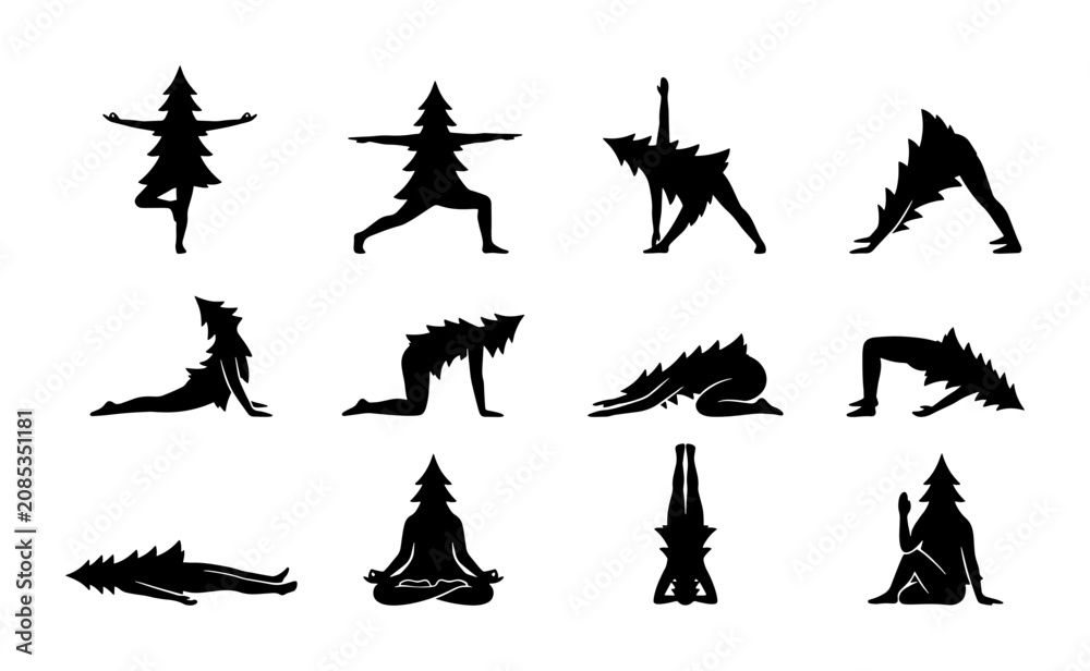 Fototapeta premium Christmas Tree Yoga Poses Vector Set, Festive Holiday Fitness Silhouette Collection, Winter Wellness Silhouette Icons, Seasonal Exercise Illustrations